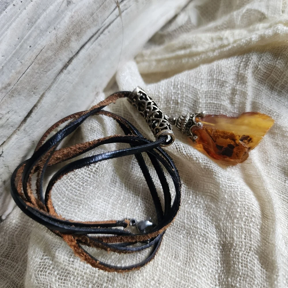 Amber Jewelry Boho Tribal Talisman AMBER NUGGET PENDANT Genuine Leather Cord